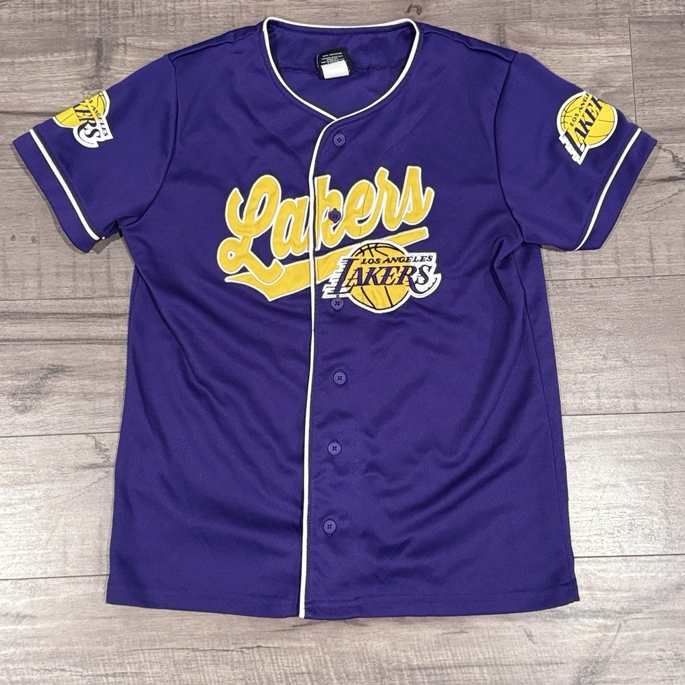 Los Angeles Lakers NBA Ultra Game Button Up Baseball Jersey Youth Boys Sz 14-16